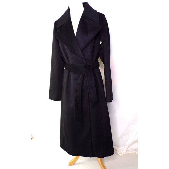 KARL LAGERFELD PARIS Long Wool Blend Belted Wrap Midi Coat Black Large 12-14 NEW - Picture 2 of 7